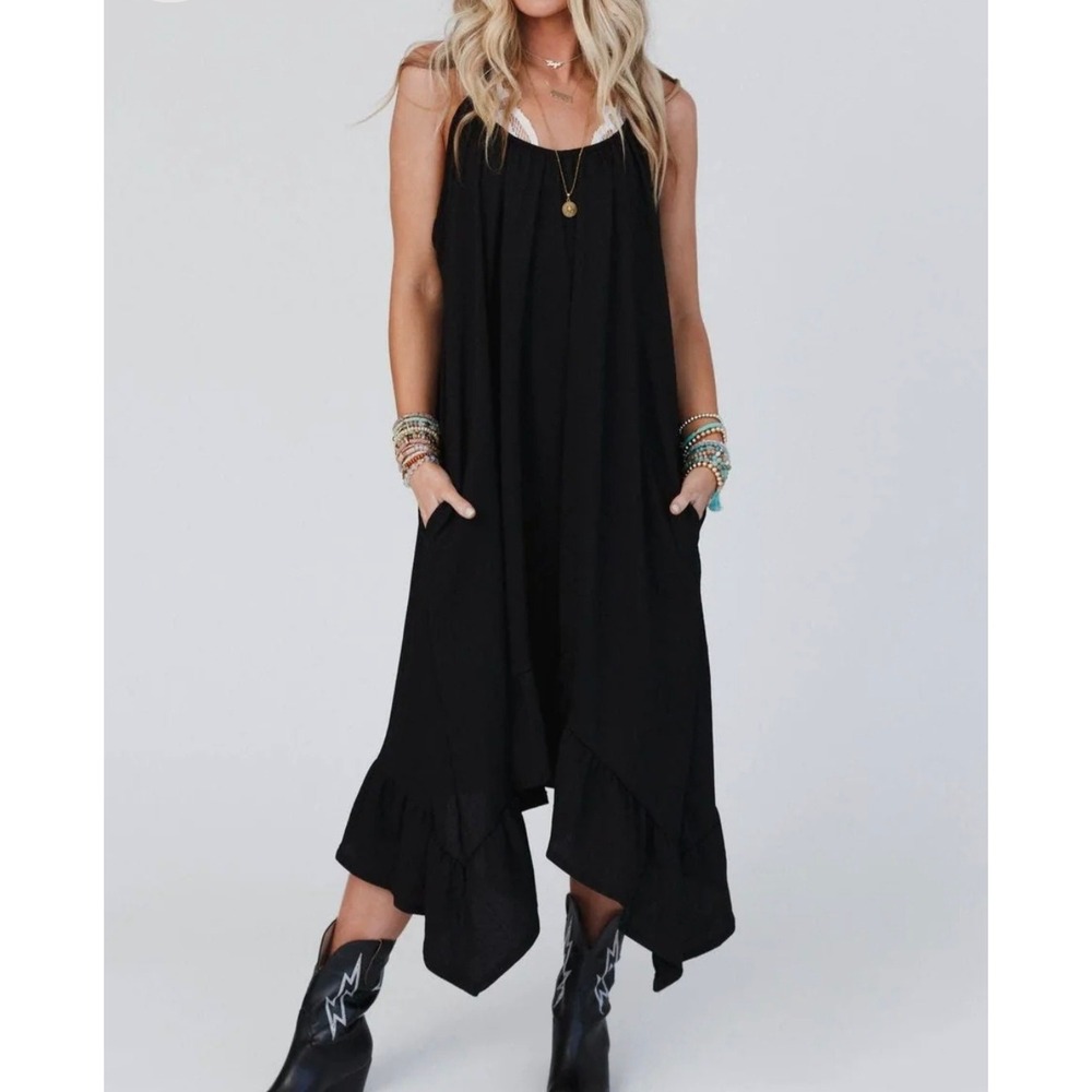 Three Bird Nest Black Ellie Ruffle High Low Midi Dress Pockets MD6144 Size Large